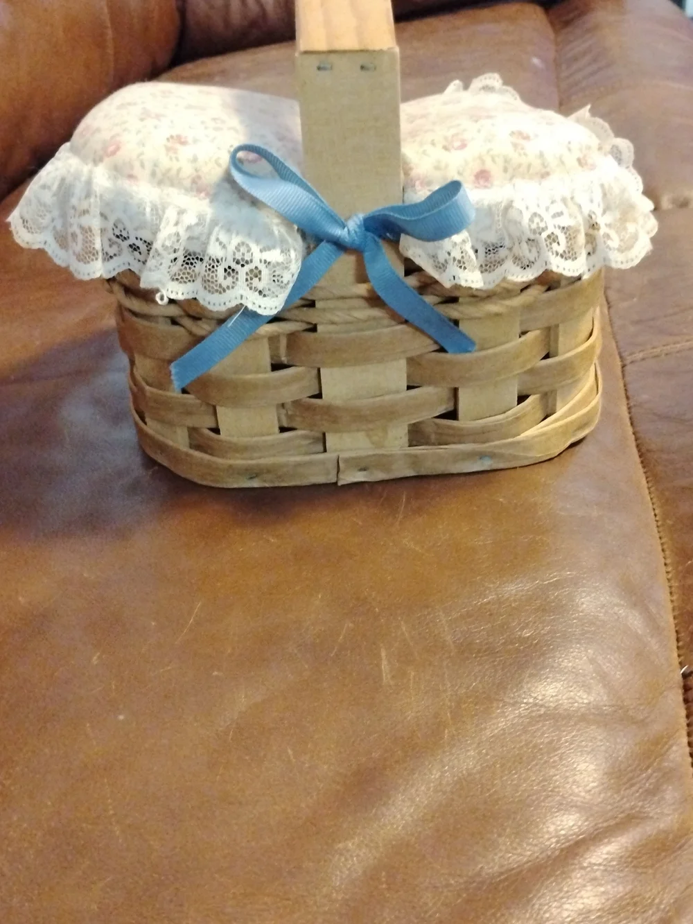 Handwoven Natural Wicker Sewing Basket with Blue Bow